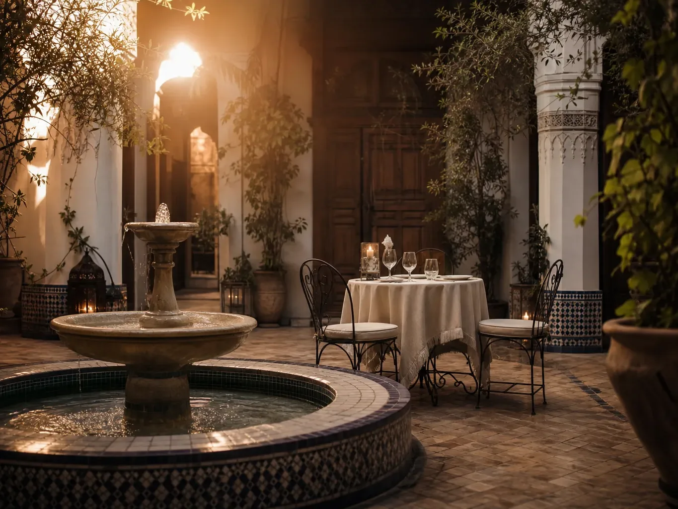 A candlelit table set for two with wine glasses sits beside a tiered stone fountain in a plant-filled courtyard with mosaic-tiled floors and whitewashed columns