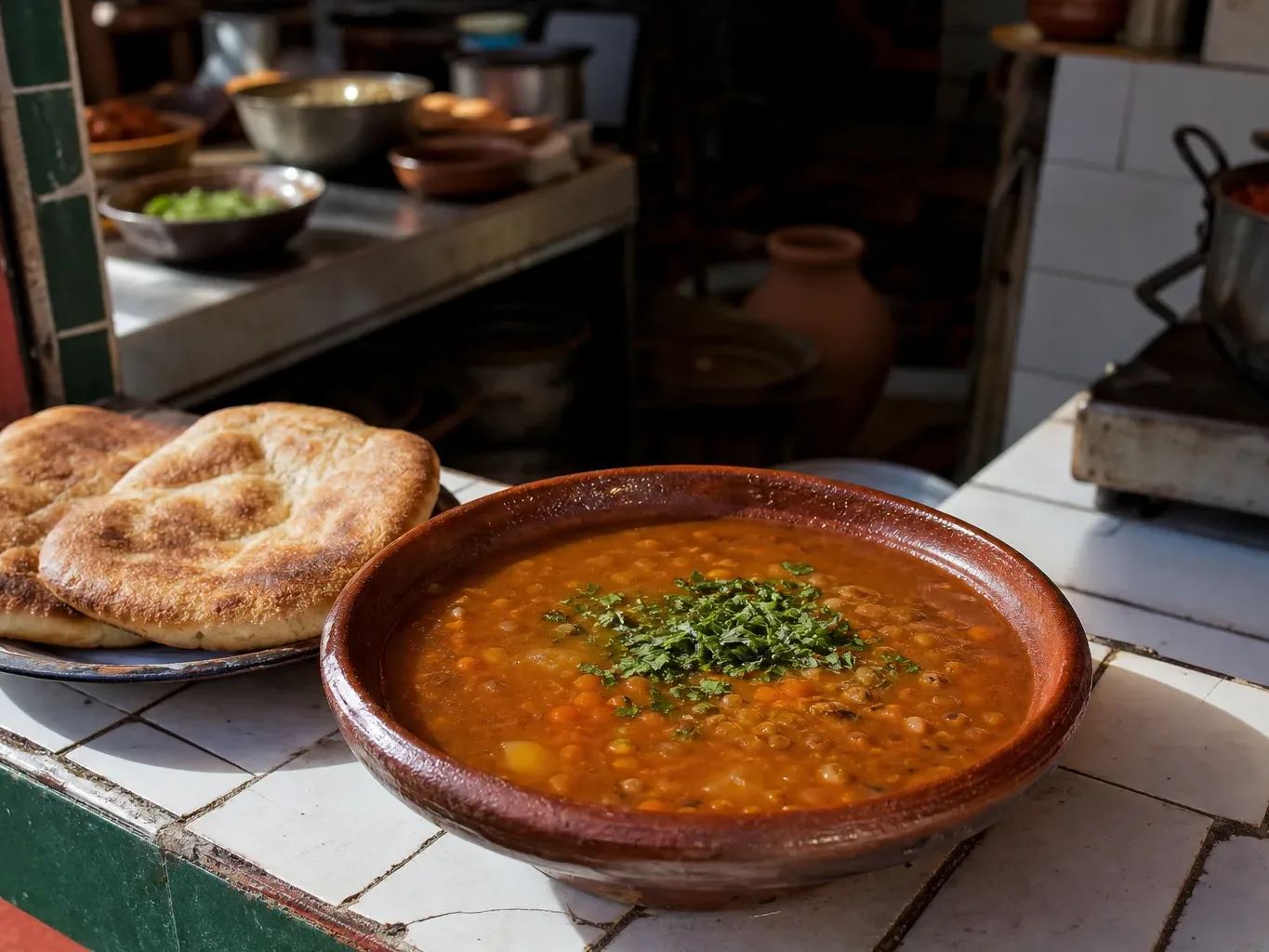 A terracotta bowl of lentil soup garnished with chopped herbs sits beside two flatbreads on a tiled counter, with cooking vessels on shelves visible behind