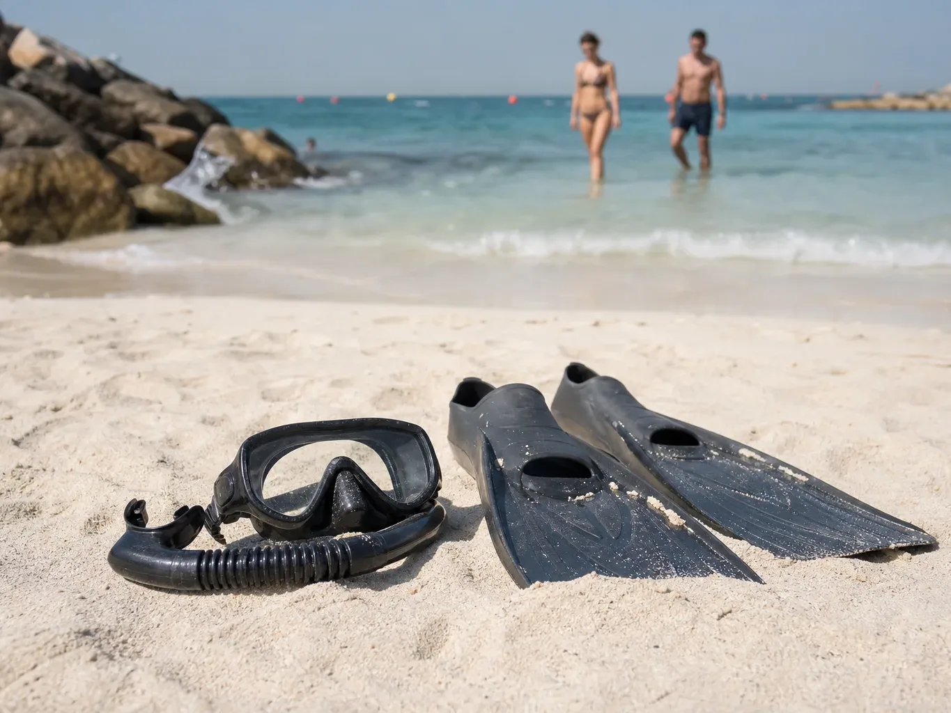 A snorkel mask and pair of fins lie on pale sand in the foreground, with two people walking out of calm turquoise sea behind them