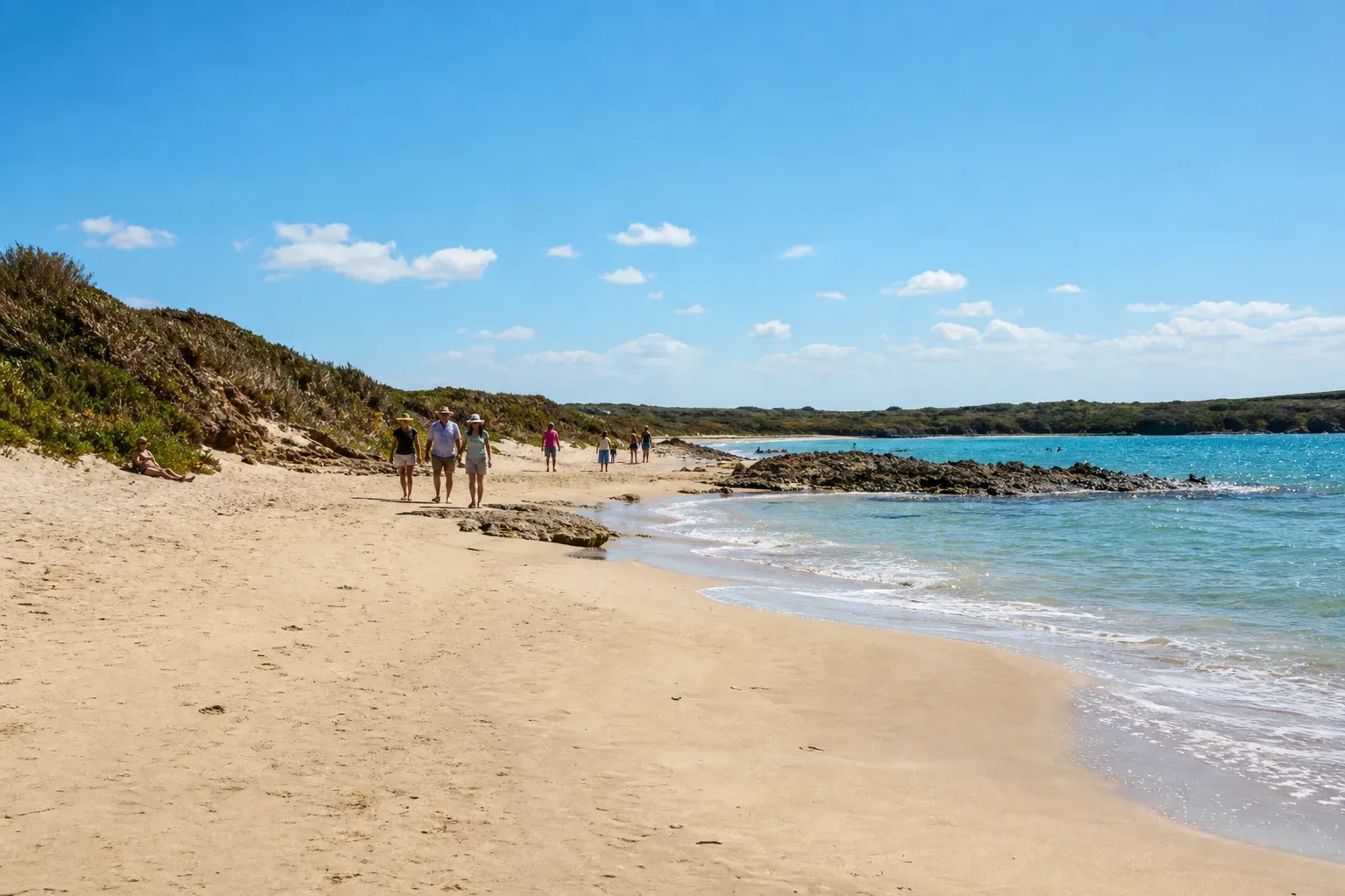 A small group of people stroll along a wide sandy beach beside calm turquoise water, with low scrubby dunes behind them and a clear blue sky above