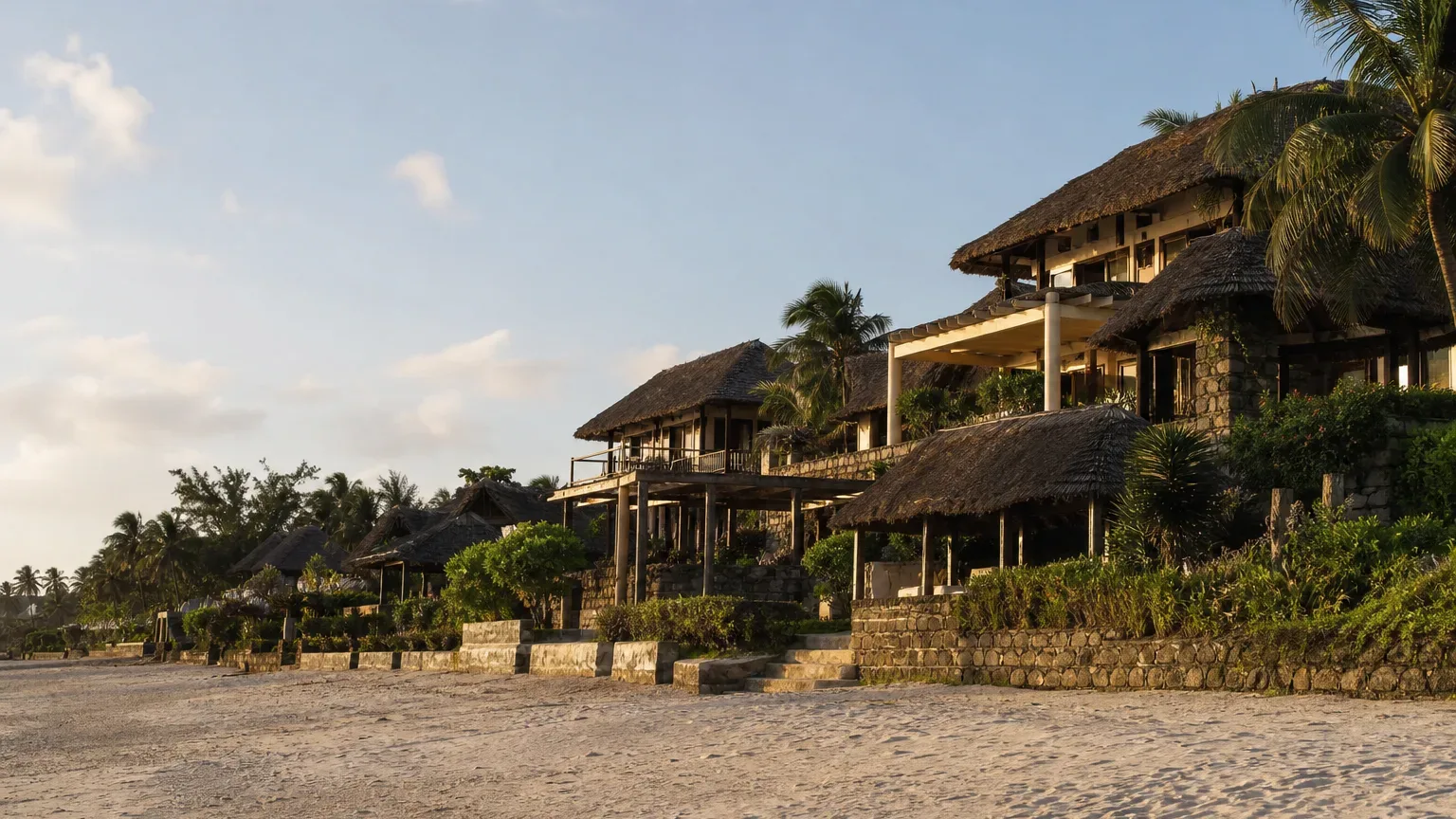 A row of multi-storey resort buildings with thatched roofs and stone terracing lines a broad white-sand beach beneath a partly cloudy sky in warm afternoon light