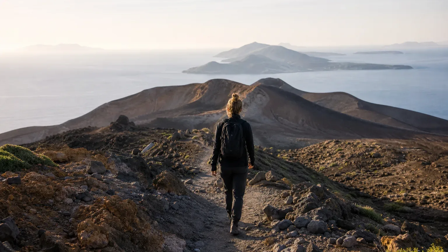 A person with a backpack walks away along a rocky volcanic ridge path, with volcanic craters and distant islands visible across calm water below in soft morning light