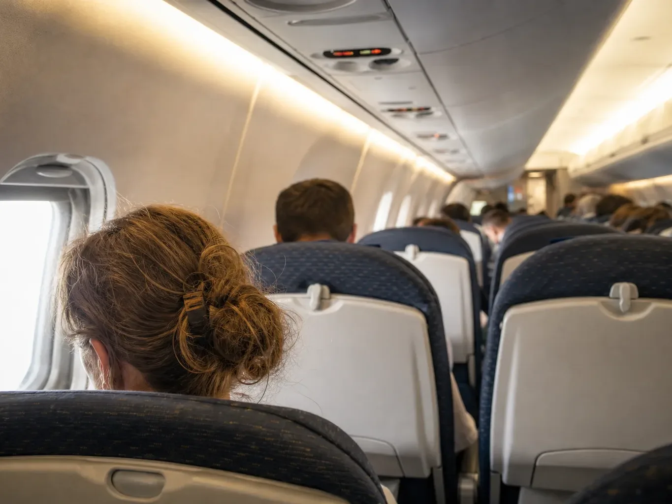 Passengers seated in an economy aircraft cabin, seen from behind, with rows of blue-upholstered seats stretching towards the front of the plane and a window to one side
