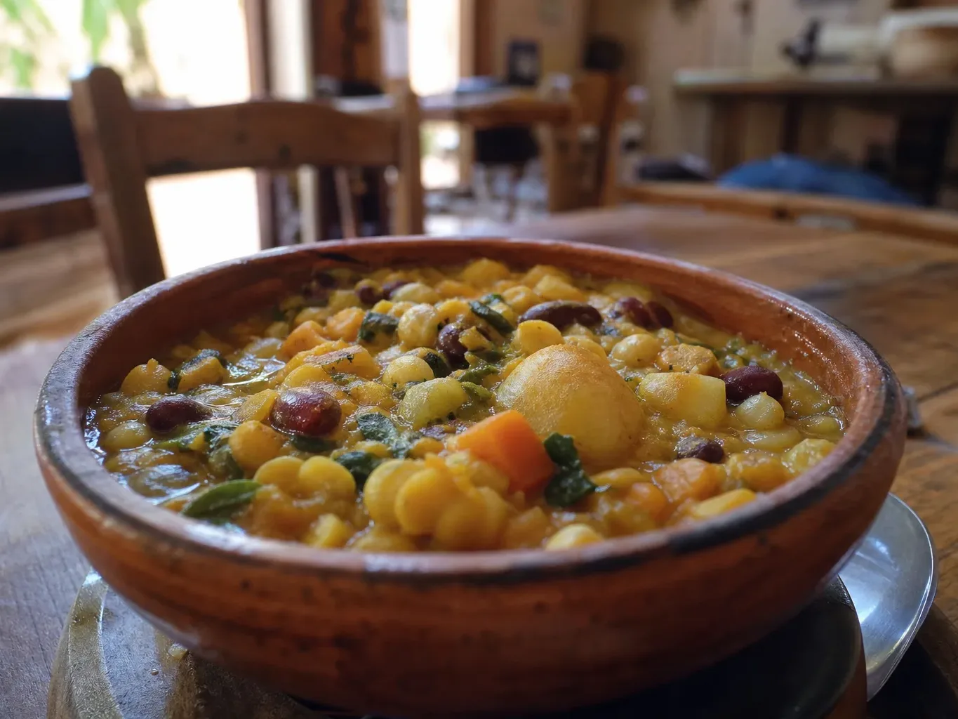 A rustic wooden bowl filled with a thick stew of corn, kidney beans, root vegetables and leafy herbs, served on a metal plate on a wooden table in a warmly lit interior